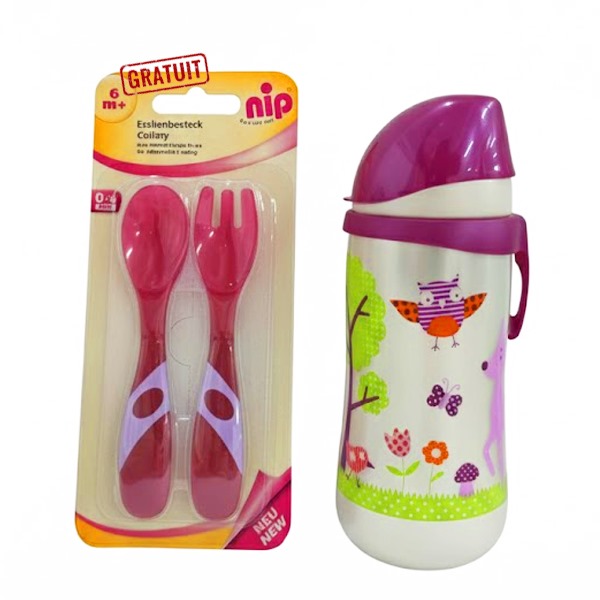 NIP coupe fille 330ml 12m+ avec couverts rose 6m+ offert