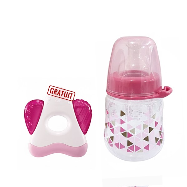 NIP Biberon Large Col Anti-Colique 150ml rose 0 M+ avec Anneau de Dentition Offert