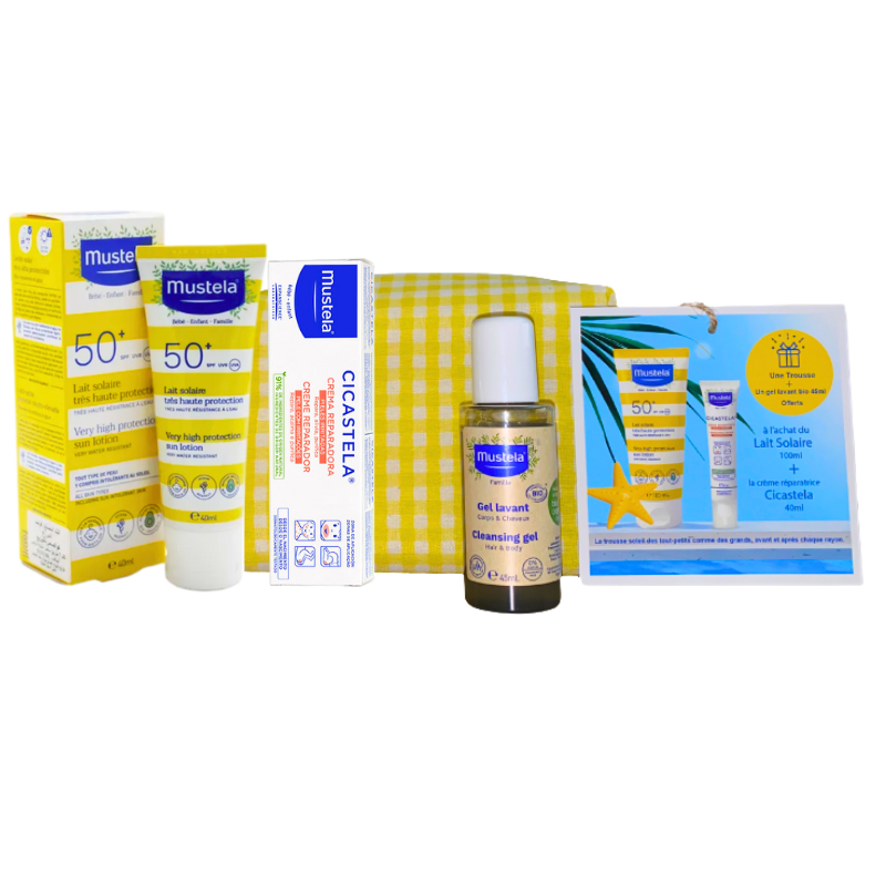 MUSTELA TROUSSE JAUNE LAIT SOLAIRE 100ML+CICASTELA CREME REPARATRICE 40ML+GEL LAVANT BIO 45ML (OFFERT)