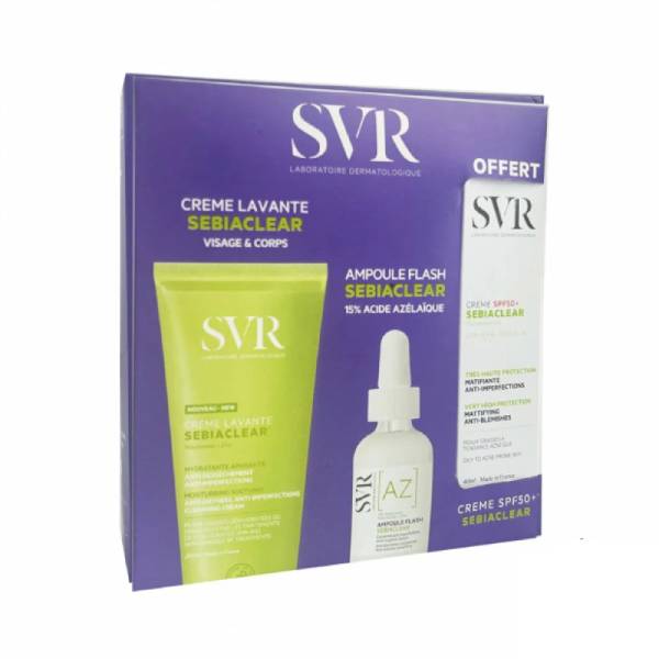 SVR Pack Sebiaclear creme lavante 200ml + Sebiaclear ampoule AZ + Sebiaclear crème SPF50+ OFFERT