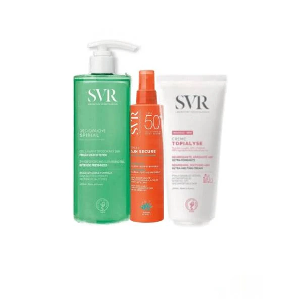 svr pack sun secure spray + spirial deo douche + topialyse creme offerte