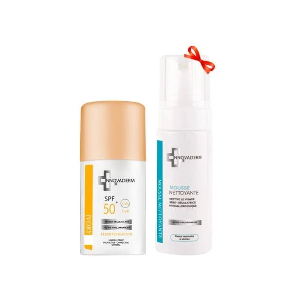 Innovaderm coffret INNOVADERM Fond de Teint FLUID Minéral sand 02 SPF50+ +INNOVADERM Mousse Nettoyante Peau Normales a Sèches 150ML (OFFERT)