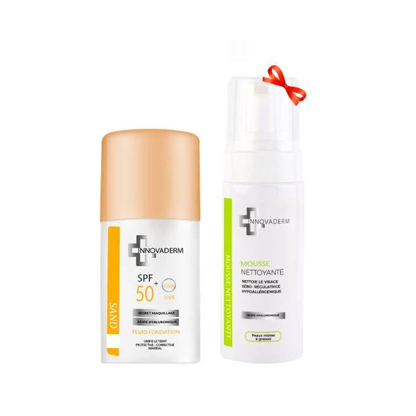 Innovaderm coffret Fond de Teint FLUID Minéral Ivory 01 SPF50+ + INNOVADERM Mousse Nettoyante Peau Mixte à Grasse 150ML (OFFERT)