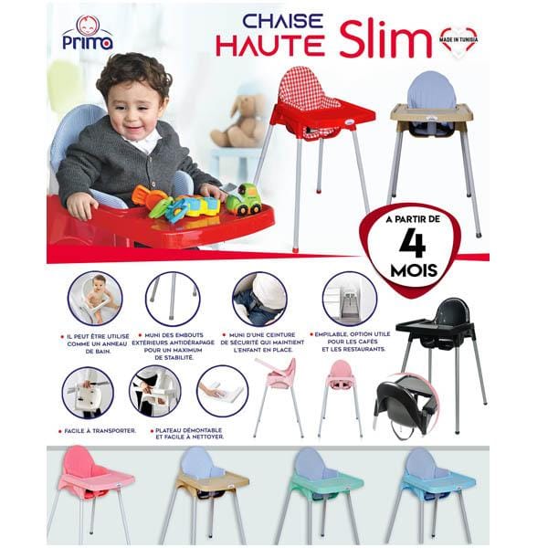 Prima Baby Chaise haute slim rose clair avec coussin gris