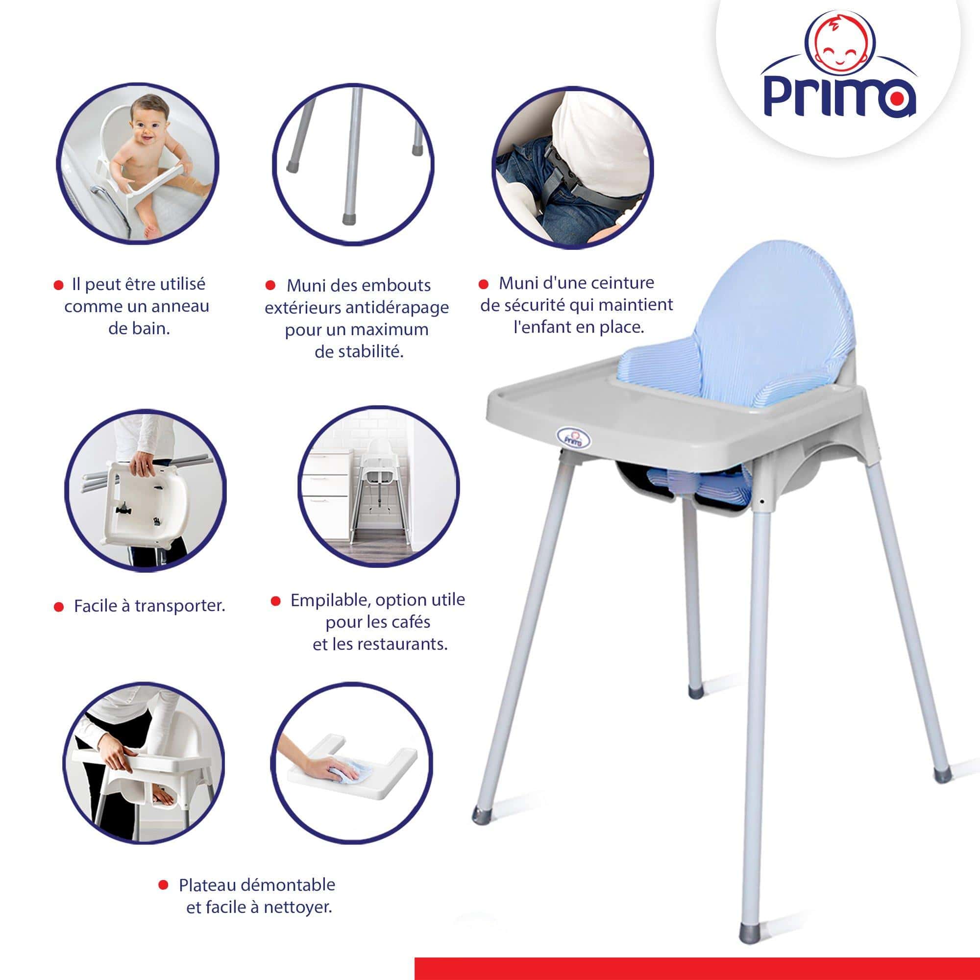 Prima Baby Chaise haute slim blanc avec coussin bleu — vue 2