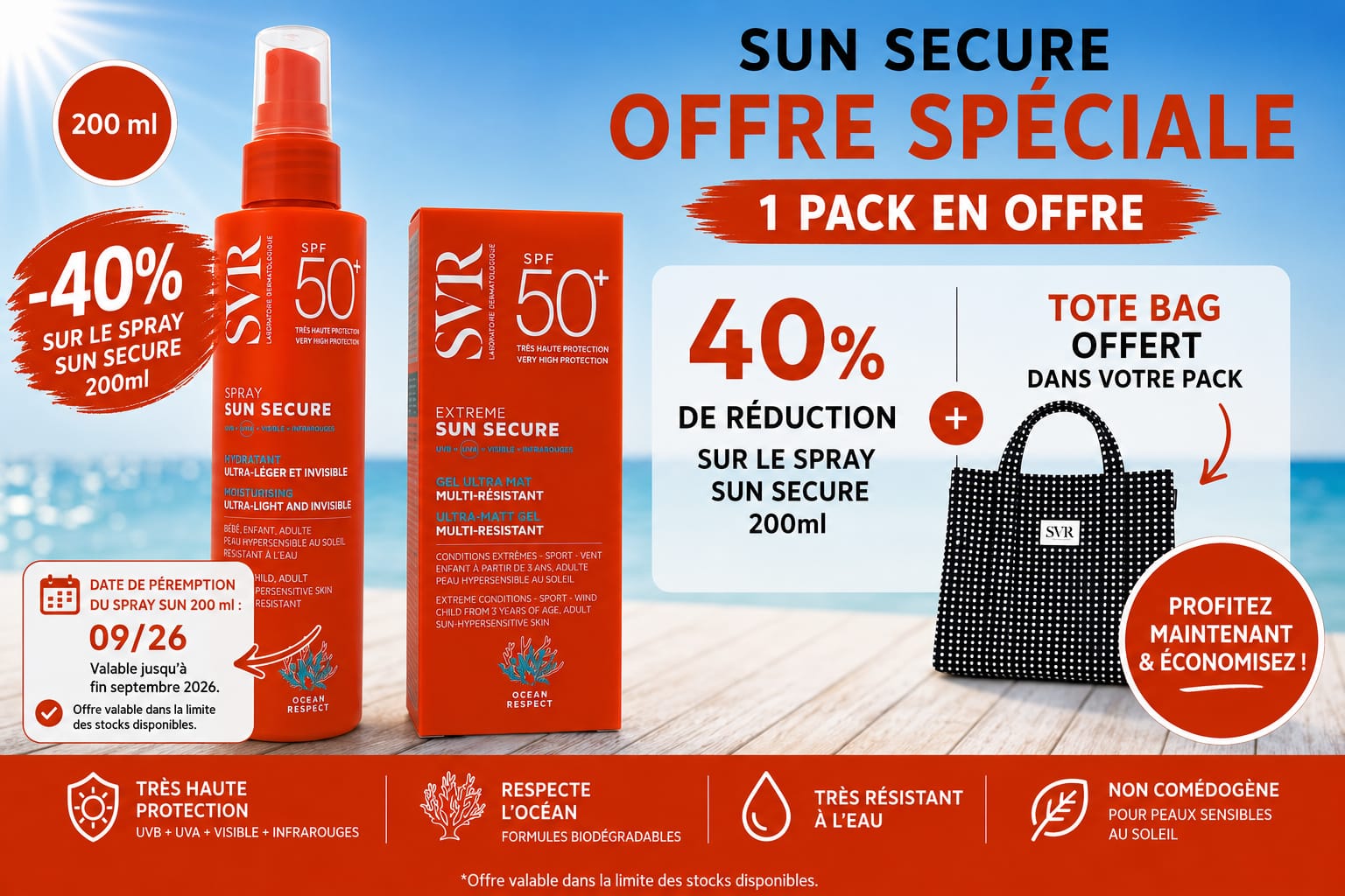 SVR pack Sun Secure extreme + sun secure Spray +Tote Bag offert