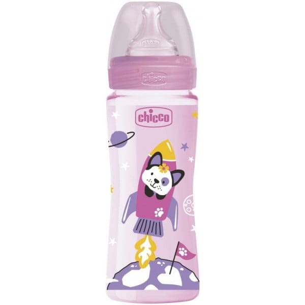 Chicco Biberon Well-Being 330ml GIRL , Tétine silicone 4M+
